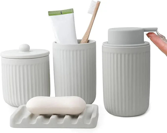 BosilunLife Ceramic Bathroom Accessories Set - Bathroom Counter Soap Set Light Grey Bathroom Decor Sets Accessories Bathroom Lotion Soap Dispenser and Toothbrush Holder Set, Soap Dish, Apothecary Jars - ModernBath