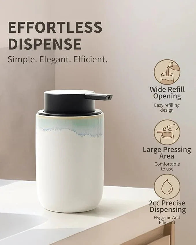 BosilunLife Hand Soap Dispenser - Foam Soap Dispenser Bathroom Ceramic Dish Liquid Soap Dispenser for Kitchen, Bathroom Countertop Soap Dispensers (White with Blue-Green Rim Liquid Pump) - ModernBath
