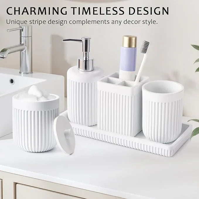 XLHOMO 8-Piece White Bathroom Set - Resin Bathroom Accessories Sets Complete with Shower Curtain and Rugs, Soap Dispenser, Toothbrush Holder, Cup, Tray & Cotton Swab Jars - ModernBath