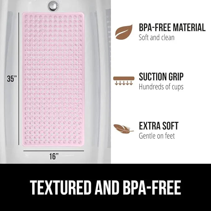 GORILLA GRIP Patented Bath Tub Shower Mat, Machine Washable Bathtub Floor Liner Mats, Suction Cups and Drain Holes to Keep Tubs Clean, Soft on Feet, Bathroom Essentials, 35x16 Inch, Clear Light Pink - ModernBath