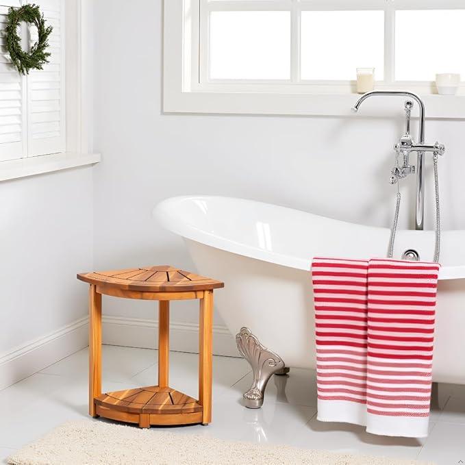 VICTORY RELAX Acacia Wood Corner Shower Stool - Waterproof Triangular Bathroom Bench with Storage Shelf & Soap Dish for Shaving, Natural Wood (17.9x12.7x16.5) - ModernBath
