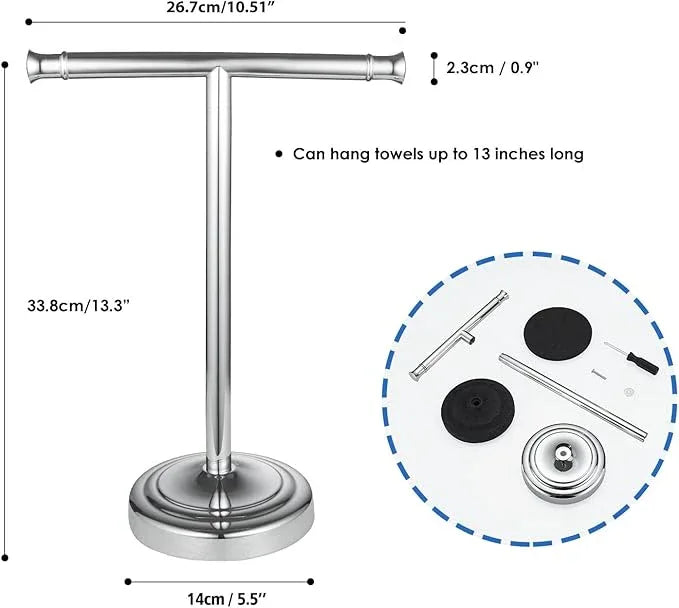 RUMOSE 13 Inch Polished Chrome Towel Stand Hand Towel Holder Bathroom Kitchen Vanity Countertop T-Shape Towel Rack Free Standing Stainless Steel Towel Bar Towel Ring - ModernBath