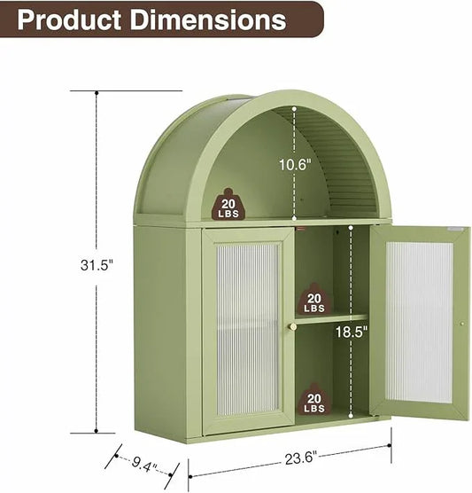 Bathroom Wall Cabinet, Arched Cabinet Wall Mount, 2 Acrylic Doors, 1 Adjustable and Removable Shelf, for Laundry Room, Living Room, Restroom, Kitchen, Green - ModernBath