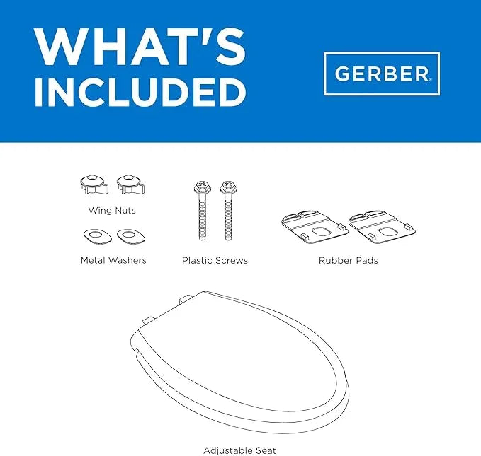 Gerber Elongated Toilet Seat with Cover, Standard Close, Quick & Easy Install, Heavy-Duty Plastic, Adjustable Fit for Standard Elongated Toilets, Durable & Fade-Resistant, White G0099216 - ModernBath