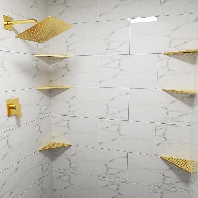 POPFLY 10 Inch Gold Corner Shower Shelf 2 Pack, 304 Stainless Steel Bathroom Shelves for Tiled Wall, No Drilling Recessed Organizer, Luxurious Floating Shower Shelf with Anti-Slip Design, PF7501G - ModernBath