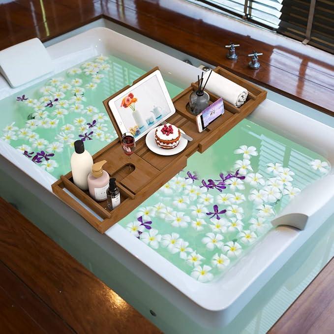 Bamboo Bathtub Tray for Luxury Bathroom, Expandable Premium Bath Tray with Soap Towel Book Holder, Luxury Spa Wooden Bath Table for Reading Laptop Over The Clawfoot Walnut - ModernBath