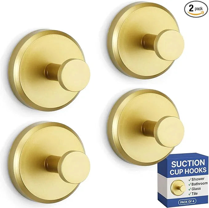 HOME SO Suction Cup Hooks for Shower, Bathroom, Kitchen, Glass Door, Mirror, Tile – Loofah, Towel, Coat, Bath Robe Hook Holder for Hanging up to 15 lbs – Waterproof, Matte Brushed Satin Gold (4-Pack) - ModernBath