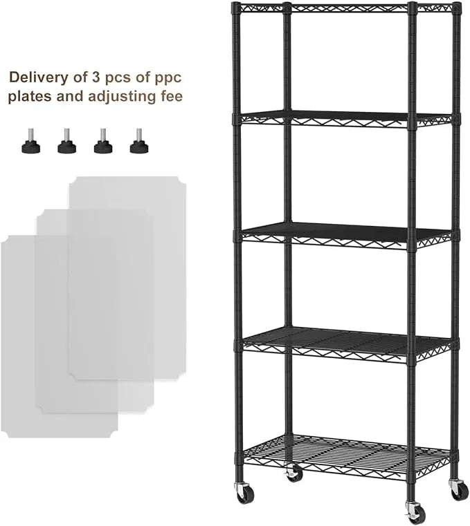 5 Tier Shelves Storage Shelf Wire Closet Bathroom Organizers Metal Pantry Kitchen Garage Shelving Unit Laundry Room Organization Home Rack Net Basket Black with Wheels 14”D X 24”W X 61”H - ModernBath