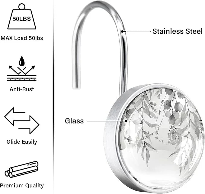 12 Pcs Black Eucalyptus Shower Curtain Hooks - Decorative Shower Curtain Hooks Rings Set - Stainless Steel Round Resin Shower Rings Hangers for Summer Bathroom Home Bath Room Rods Decor - ModernBath