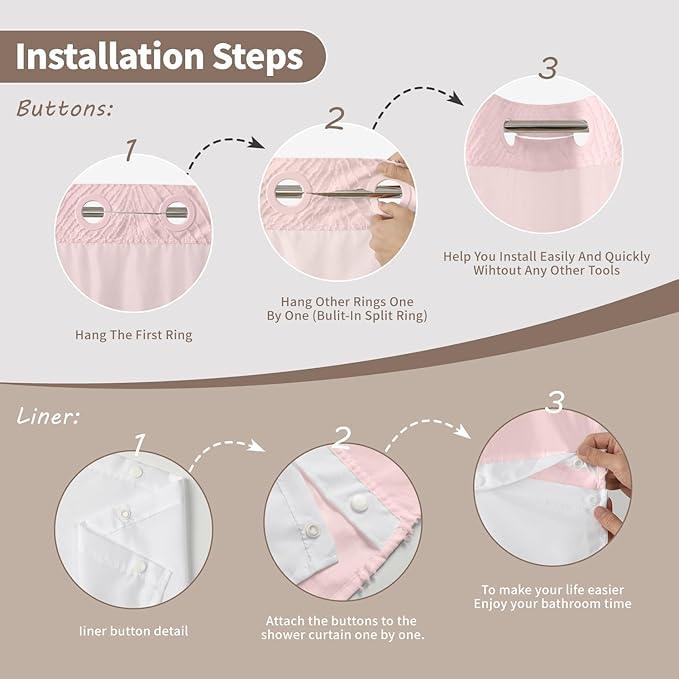 eachope no Hook Shower Curtain and Liner Set，Boho Style with See Through Top Window, Pink Fabric Tufted Striped Textured Outer Curtain & Waterproof Inner Liner, Pink, 71Wx74H - ModernBath