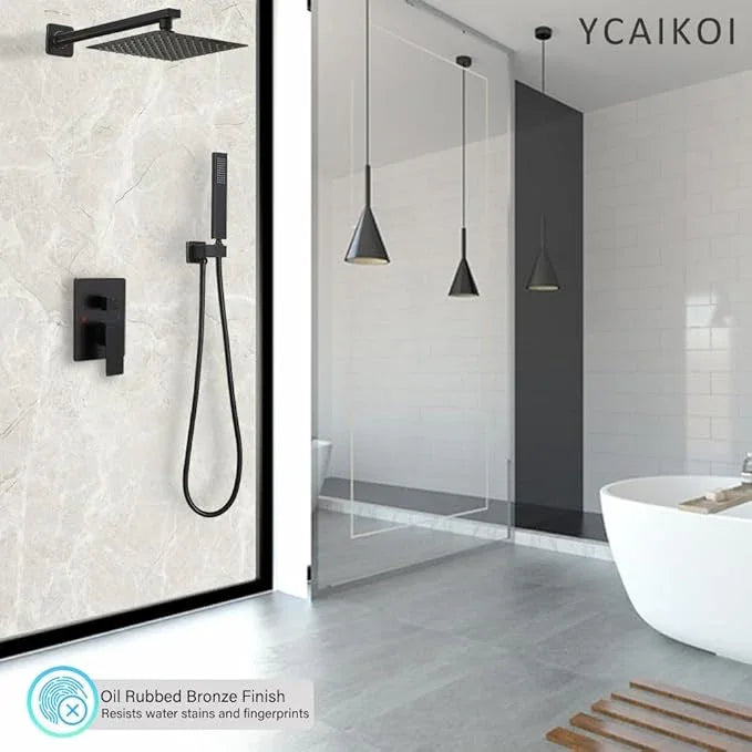 Oil Rubbed Bronze Shower System YCAIKOI Wall Mount Shower Faucet Set for Bathroom 10 Inch High Pressure Luxury Shower Head with Handheld, Rough-in Valve Body and Trim Included - ModernBath