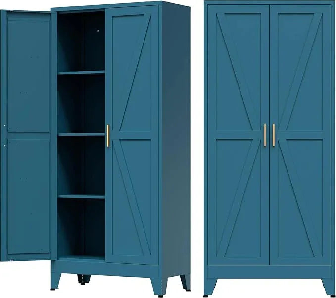 COFaR Home Farmhouse Storage Cabinet with 2 Barn Door, Tall Kitchen Pantry Cupboard with 3 Adjustable Shelves, for Dining Room, Bathroom, Living Room (Blue Green, 61" Farmhouse) - ModernBath