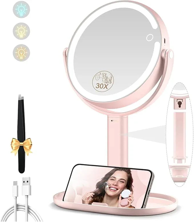 MOMOKUBA Makeup Mirror with Lights, Double Sided 1x/30x Magnifying Mirror with Light, Rechargeable 3 Color Lights and Adjustable Brightness, 360° Rotation Detachable Comes with Tweezer(Pink) - ModernBath