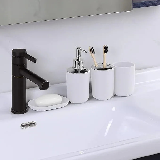 White Bathroom Set,9 Piece Bathroom Accessories Set,Tray,Soap Dispenser,Toothbrush Holder,Toothbrush Cup,Soap Dish,Toilet Brush,Qtip Holders,Trash Can for Bathroom Décor and Housewarming Gifts - ModernBath