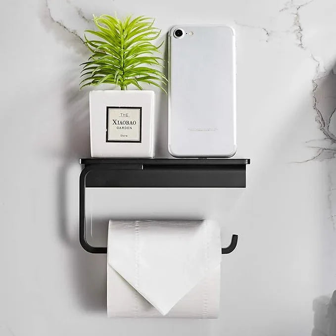 Toilet Roll Paper Holder Bathroom Solid Brass and Superior Hotel Style Wall Mount Tissue Roll Holder with Phone Shelf Matte Black Finished - ModernBath