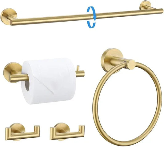 TNOMS 5-Piece Towel Bar Set Brushed Gold Bathroom Hardware Accessories Set Include 23.6in Towel Bar Toilet Paper Holder Towel Ring Upgraded Towel Hooks Towel Holder Set Stainless Steel Wall Mounted - ModernBath