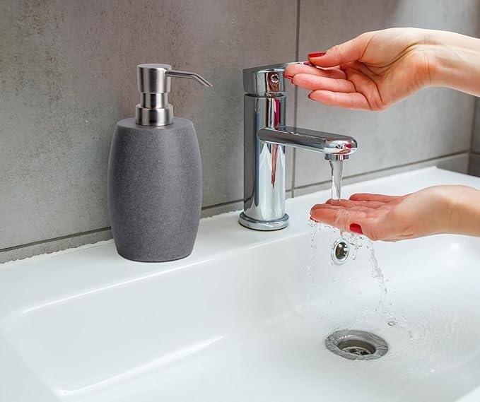 Clasin Home Sandstone Textured Resin Soap Dispenser with Metallic Pump and Waterproof Bottle Labels for Bathroom Kitchen Dish Hand Wash Shower Lotion Shampoo, 12 Oz, 2 Sets Gray - ModernBath
