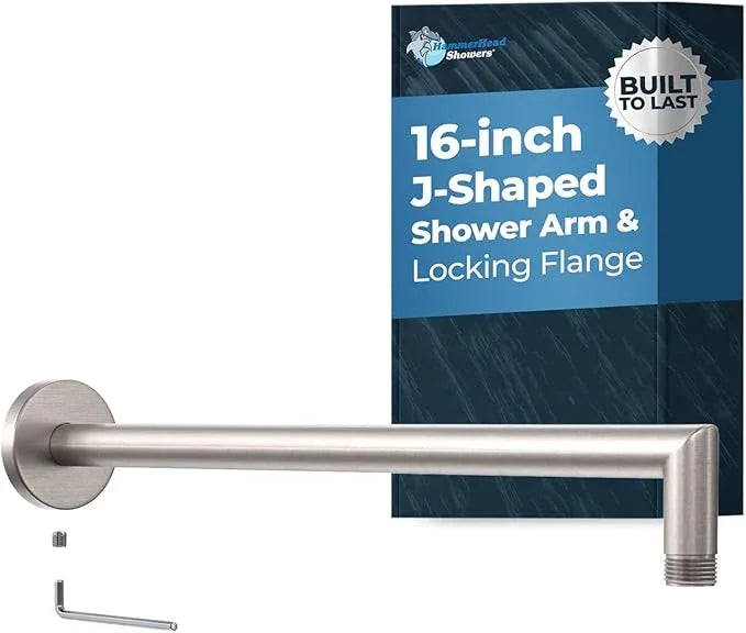 HammerHead Showers® Solid Metal 16 Inch Extended Shower Arm and Flange with Set Screw, Long Shower Arm, Extends Rain Shower Overhead, Wall-Mounted Rain Shower Arm, Brushed Nickel - ModernBath