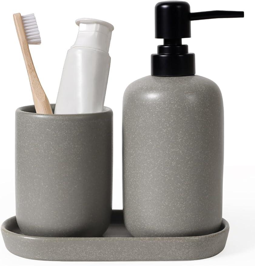 INGOFIN 3 Pcs Ceramic Bathroom Accessory Set - Liquid Soap Dispenser, Toothbrush Holder & Tray, Bathroom Counter Set, Countertop Essentials for Home, Guest Bathroom, or Office Use, Grey - ModernBath
