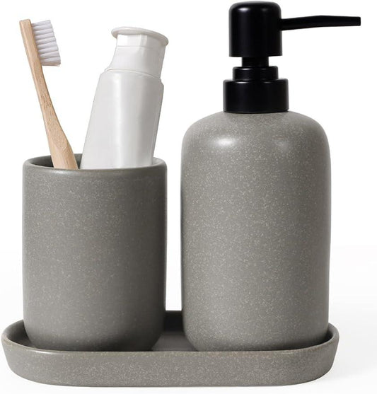 INGOFIN 3 Pcs Ceramic Bathroom Accessory Set - Liquid Soap Dispenser, Toothbrush Holder & Tray, Bathroom Counter Set, Countertop Essentials for Home, Guest Bathroom, or Office Use, Grey - ModernBath