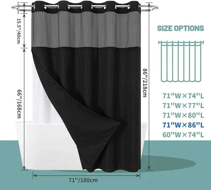 eachope Black Extra Long No Hook Waffle Weave Shower Curtain with snap-in Liner Replacement, 230GSM Waterproof Fabric Hotel Shower Curtain Set for Bathroom, Through Mesh Top Window,71Wx86H - ModernBath