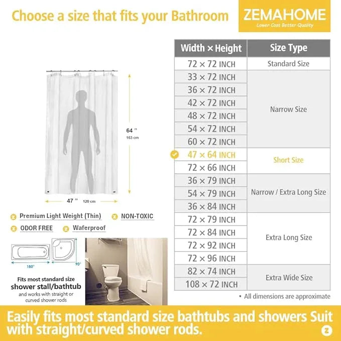 ZEMAHOME Short Size PEVA Plastic Shower Curtain Liner Premium Light Weight 47" x 64" Clear Bathroom Shower Showroom Curtain Liner with Rustproof Metal Gromments and Weighted Magnet - ModernBath