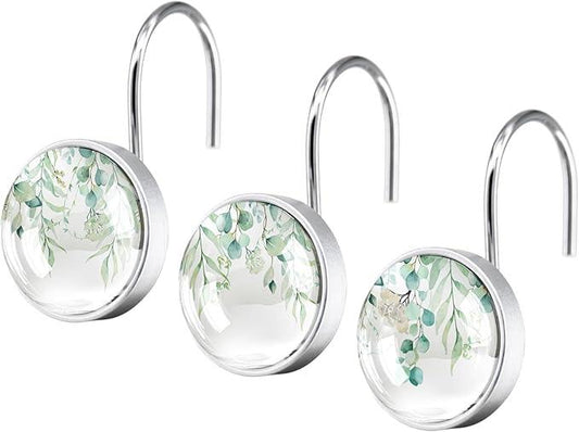 12 Pcs Sage Green Eucalyptus Shower Curtain Hooks – Rustproof Stainless Steel Rings with Decorative Glass Surface – Modern Bathroom Curtain Accessories - ModernBath