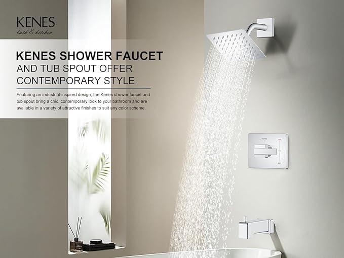 KENES Chrome Tub and Shower Trim Kit, Square Tub Shower Faucet Set Complete with 6-Inch Rainfall Shower Head and Tub Spout, KE-6025A-5 (Shower Valve Included) - ModernBath