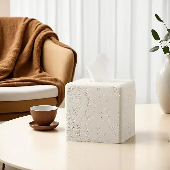 Haocoott Tissue Box Cover Square, Resin Facial Tissue Holder Covers Toilet Paper Holder Decorative Travertine Paper Dispenser Home Decor for Bathroom Bedroom Living Room Office (Off White) - ModernBath