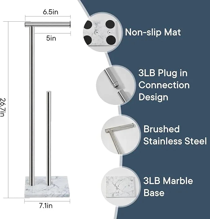 Toilet Paper Holder Stand with Weighted Natural Marble Base, Bathroom Free Standing Toilet Paper Roll Holder with Reserve, Standing Toilet Tissue Holder with Storage (Brushed Nickel, with Storage) - ModernBath