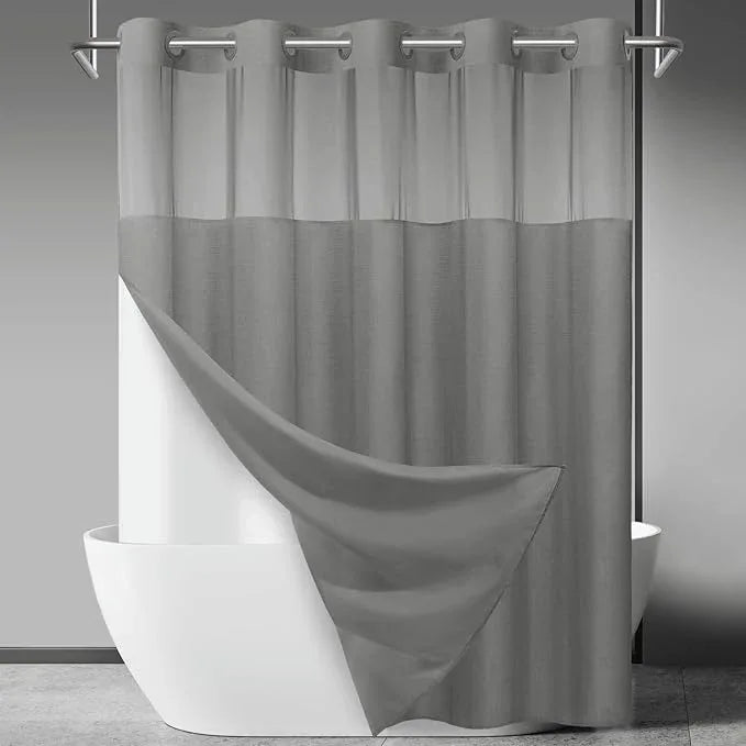 SORTTO No Hook Slub Textured Shower Curtain with Snap in Liner - Grey Fabric Outer Curtain & Waterproof Inner Liner, Hotel Style with See Through Top Window, 71x80 in - ModernBath