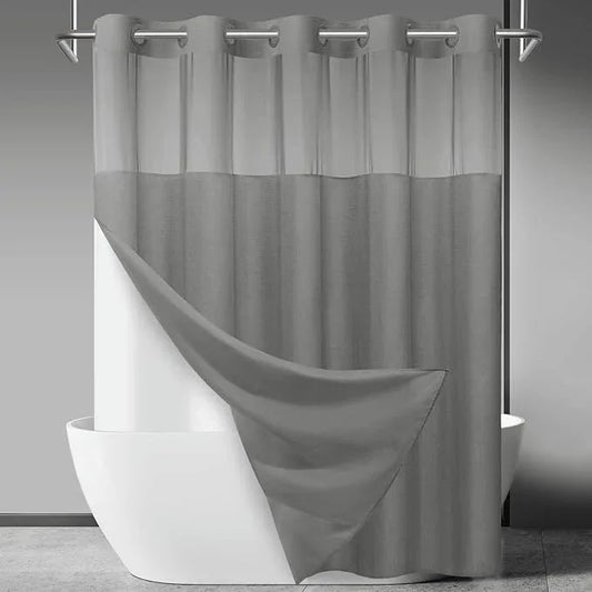 SORTTO No Hook Slub Textured Shower Curtain with Snap in Liner - Grey Fabric Outer Curtain & Waterproof Inner Liner, Hotel Style with See Through Top Window, 71x86 in - ModernBath