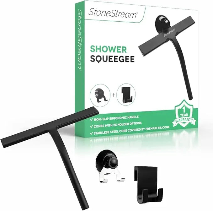 Original StoneStream Stainless Steel Shower Squeegee - Premium Quality Bathroom Squeegee with Non-Slip Handle and 2 Holders for Quick and Easy Cleaning of Glass, Tile, and Mirrors - Matte Black - ModernBath
