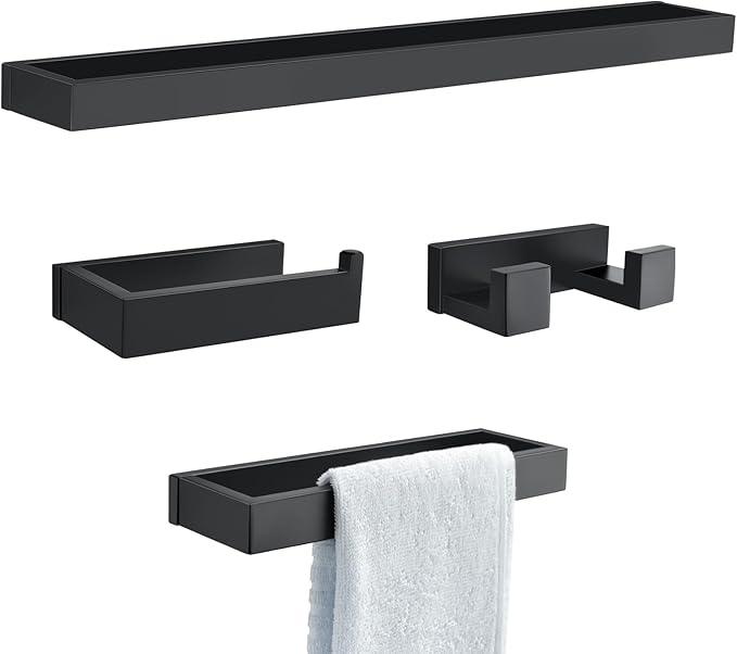 TNOMS Black Towel Bar Set, 4-Pieces Bathroom Hardware Set Modern Bathroom Towel Holder Set SUS304 Stainless Steel Wall Mounted Towel Rack Set,23.6 Inch - ModernBath
