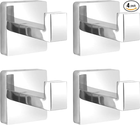 Fenas Towel Hooks for Bathrooms Robe Hook Coat Hook 4 Pack Polished Chrome Stainless Steel Heavy Duty Wall Mounted Square Hooks for Bathroom Kitchen Bedroom