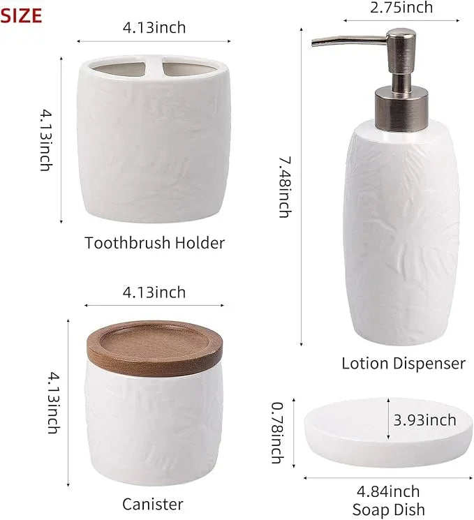 Bathroom Accessories Set,Leaf Design Bathroom Accessory Set,4 PCS Ceramic Gift Set Apartment Necessities, Contain Cotton Swab Jar,Soap Dispenser,Soap Dish,Tumbler White - ModernBath