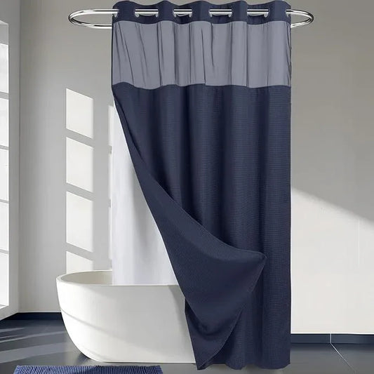 River Dream Heavyweight No Hooks Required Dotted Waffle Weave Shower Curtain with Snap in Liner -Extra Long 71W x 86H,Hotel Grade,Spa Like Bath Curtain,Navy - ModernBath