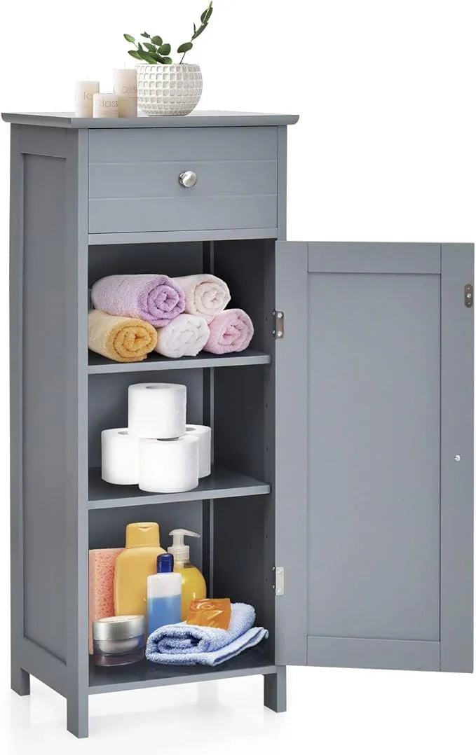 COSTWAY Bathroom Storage Cabinet, Single Door Floor Cabinet with Drawer and 3-Level Adjustable Shelves, Modern Side Storage Organizer with Anti-Tipping Device for Living Room, Bedroom (Gray) - ModernBath