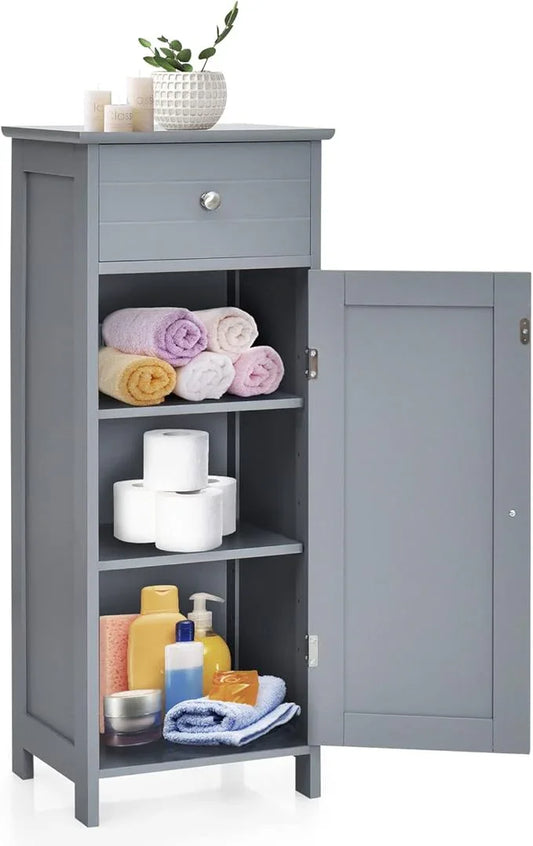 COSTWAY Bathroom Storage Cabinet, Single Door Floor Cabinet with Drawer and 3-Level Adjustable Shelves, Modern Side Storage Organizer with Anti-Tipping Device for Living Room, Bedroom (Gray) - ModernBath