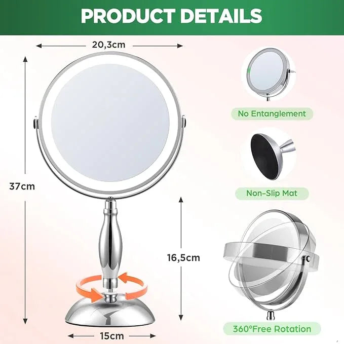 DASLAVA 30x Magnifying Mirror, Lighted Makeup Mirror with 3 Colors Modes & Adjustable Brightness, 5000mAh Rechargeable, 360° Rotation Double Side, Large Magnifying Vanity Mirror, Gifts for Women - ModernBath