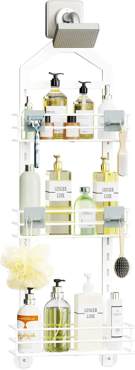 Orimade Adjustable Anti-slip Shower Caddy over Head, Rustproof Bathroom Hanging Shower Organizer with 2 Hooks for Razor, No Drilling Shower Shelves Storage Rack 3 Tier, White - ModernBath