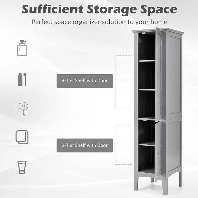 Giantex Storage Cabinet, Bathroom High Cabinet with 5 Tier Storage Shelves, Narrow Tall Organizer for Bathroom, Kitchen, Living Room,Linen Tower, Freestanding Slim Floor Cabinet, Grey - ModernBath