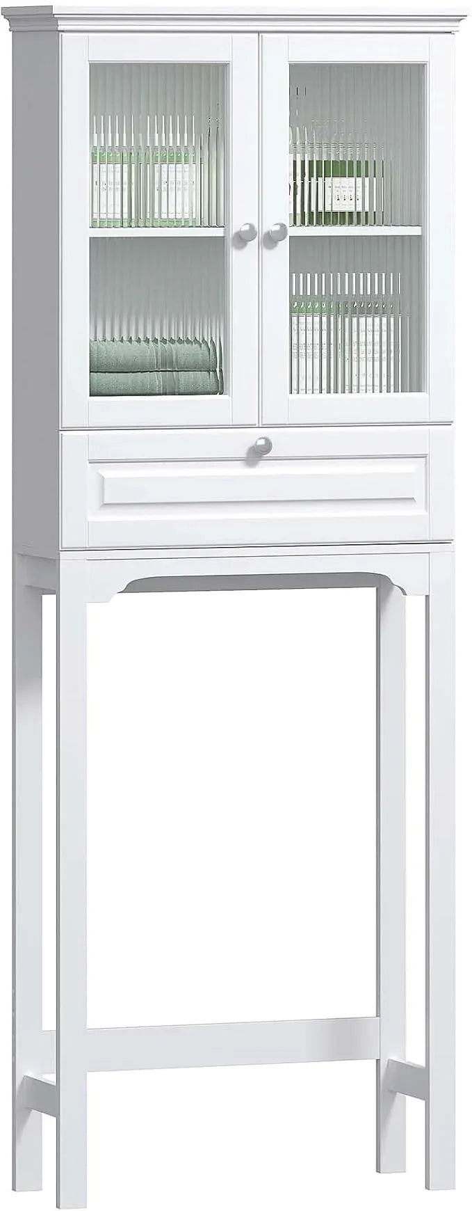 Spirich Over The Toilet Storage Cabinet with Muro Glass Doors, Over Toilet Bathroom Organizer with Tilt-Out Cube and Adjustable Shelf, White - ModernBath