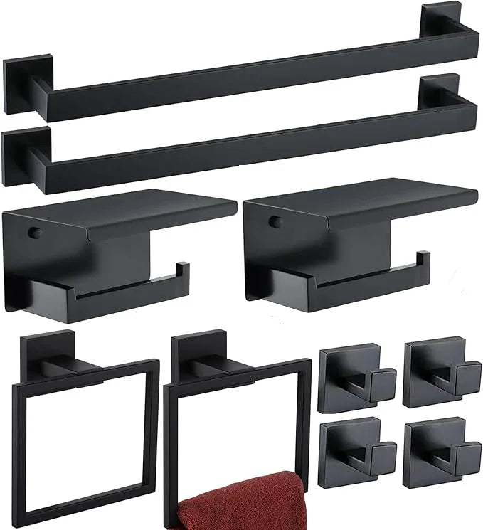 Bathroom Hardware Set 10 Piece Matte Black Bathroom Accessories Set SUS304 Towel Bar Set Includes 2 Towel Bar 24 Inch+2 Towel Holder+2 Toilet Paper Holder+4 Towel Hooks (10, Matte Black) - ModernBath
