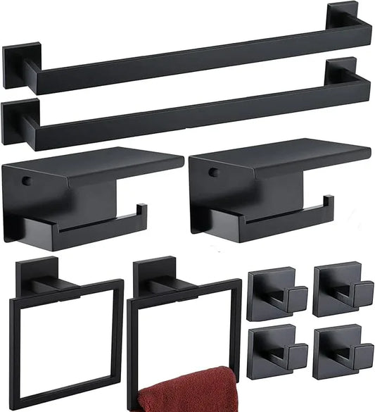 Bathroom Hardware Set 10 Piece Matte Black Bathroom Accessories Set SUS304 Towel Bar Set Includes 2 Towel Bar 24 Inch+2 Towel Holder+2 Toilet Paper Holder+4 Towel Hooks (10, Matte Black) - ModernBath