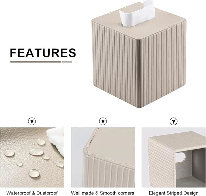 KINGFOM Tissue Box Cover, PU Leather Square Tissue Box Holder for Kleenexs with Magnetic Bottom Cover for Facial Tissues/Napkins, Office & Living Room Decor Box (Beige Strips) - ModernBath