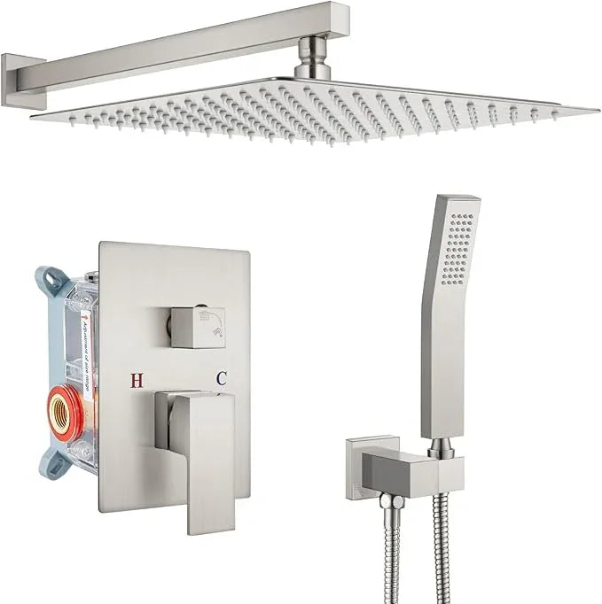 gotonovo Rainfall Bathroom Shower System Rain Shower Head and Handle Set Wall Mounted Shower Complete Combo Solid Brass Pressure Balancing Shower Mixer Valve 16 Inch Brushed Nickel - ModernBath