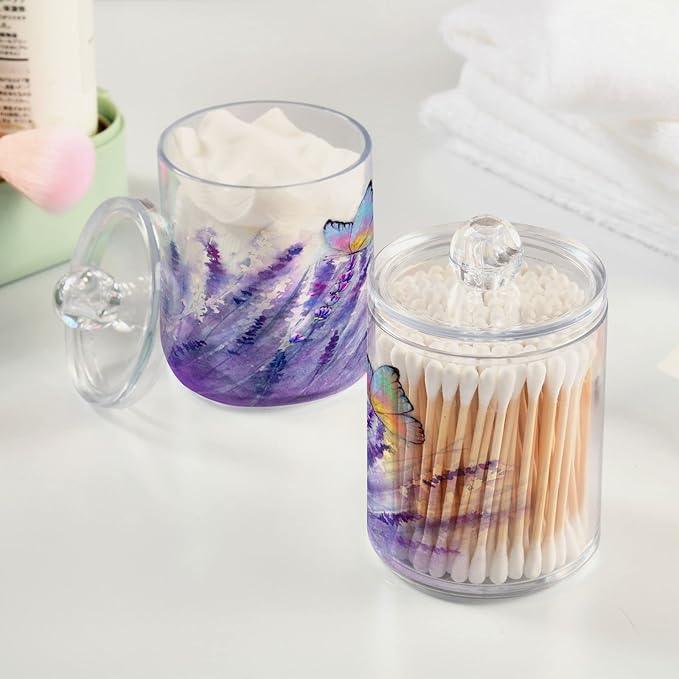 BOENLE 4 Pack Qtip Holder Dispenser Lavender Butterfly Purple Bathroom Storage Canister Lid Acrylic Plastic Apothecary Jar Set Vanity Makeup Organizer for Cotton Swab/Ball/Pad/Floss - ModernBath