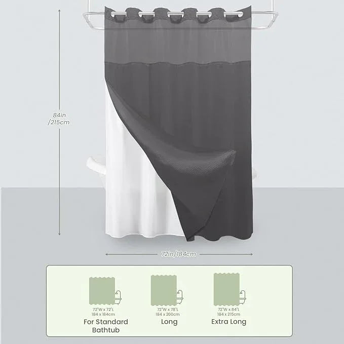 Inhousolu Extra Long No Hook Shower Curtain with Snap in Fabric Liner Set Waffle Weave 230GSM Weighted Hem, Waterproof & Washable Bathroom Curtain Spa with Mesh Top Window 72" W x 84" L Graphite Grey - ModernBath