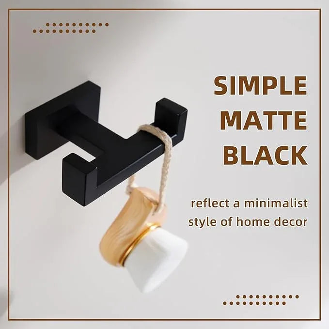 APLusee Double Robe Towel Hook, 304 Stainless Steel Square Dual Coat Hook, Utility Bath Kitchen Storage Hanger Holder, Matte Black - ModernBath
